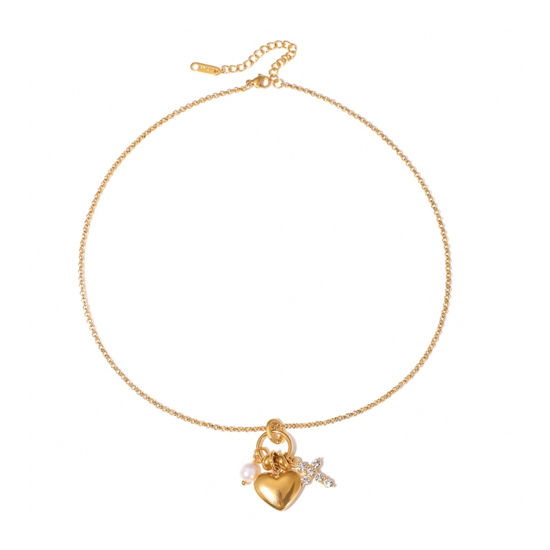 Women Accessories Meaning - โซ่ปรับได้หัวใจไม้กางเขนไข่มุกจี้สร้อยคอสไตล์ Clavicle CHAIN ​​สำหรับผู้หญิงที่มีความหมายอุปกรณ์เสริม M76B