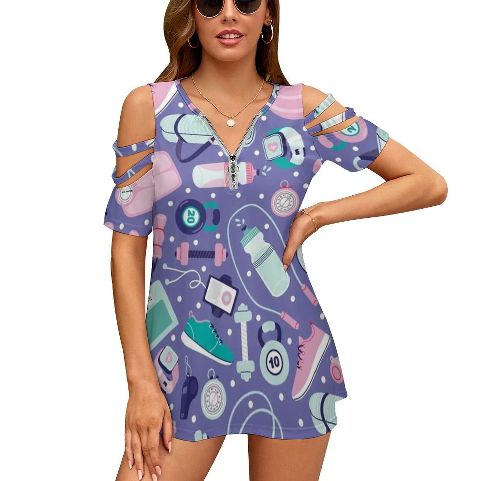 Women Accessories Vector - Get Fit เสื้อยืดผู้หญิงใหม่แฟชั่นพิมพ์ซิป V คอสั้นเสื้อ T