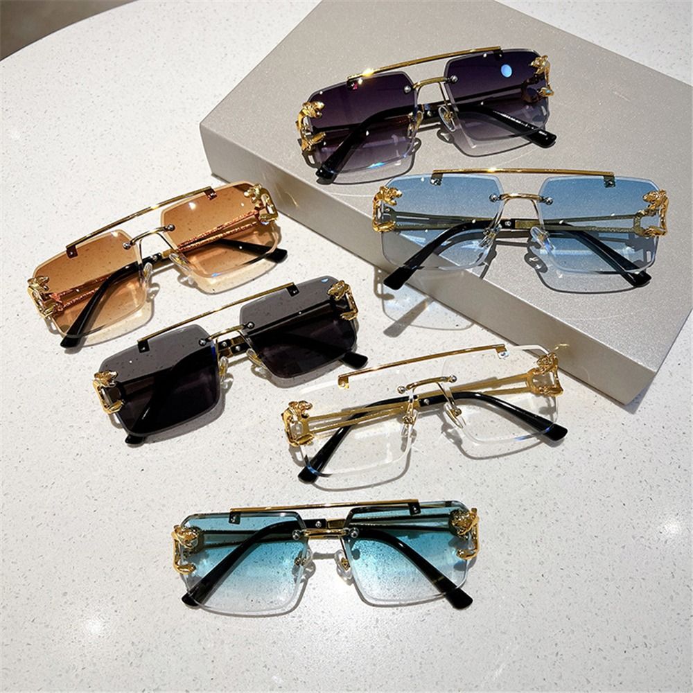 Sunglasses Oversized Square - แว่นกันแดดทรงสี่เหลี่ยมขนาดใหญ่แบบไร้กรอบ รุ่น Retro Double Bridge ตกแต่งลายเสือชีตาห์