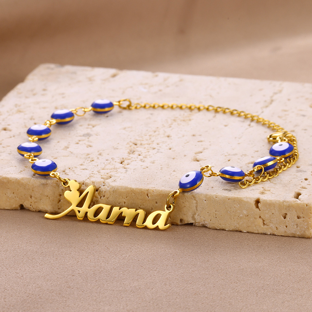 Evil Eye Bracelet - กำไลข้อมือลายตาปีศาจสีน้ำเงินแบบกำหนดเองสำหรับผู้หญิง เครื่องประดับสแตนเลสสตีลสีทองพร้อมป้ายชื่อส่วนตัว กำไลข้อมือเป็นเครื่องรางนำโชค ของขวัญ