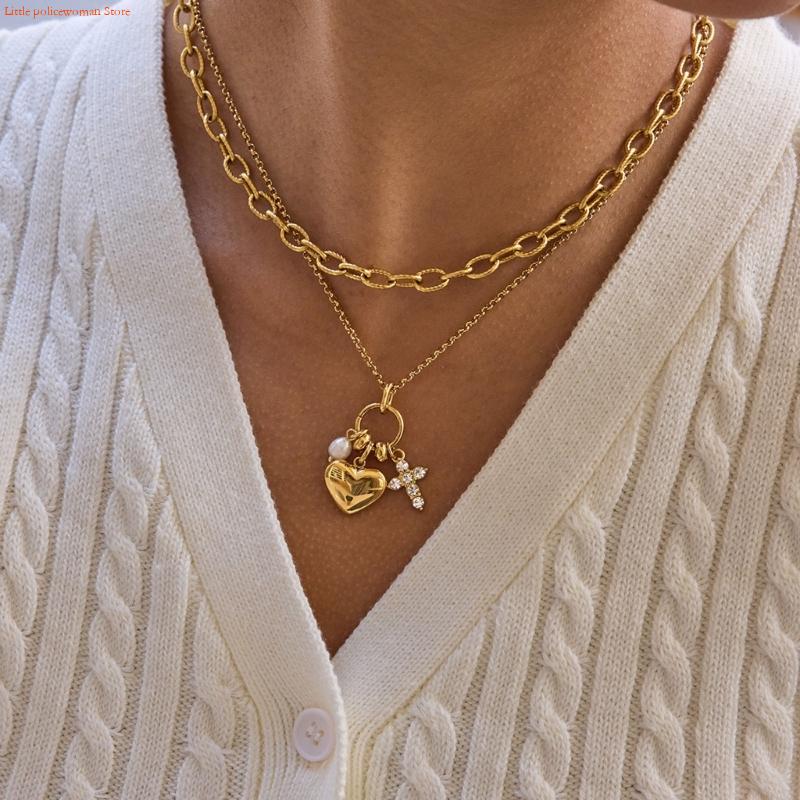 Women Accessories Meaning - F92D ปรับหัวใจไม้กางเขนไข่มุกสร้อยคอจี้สไตล์ Clavicle CHAIN ​​สำหรับผู้หญิงอุปกรณ์เสริมที่มีความหมาย